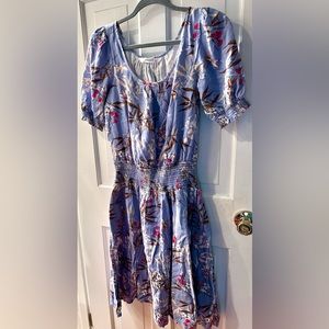 eShakti Blue & Multi Floral & Dragonfly Midi Dress - Size S - VGUC!
